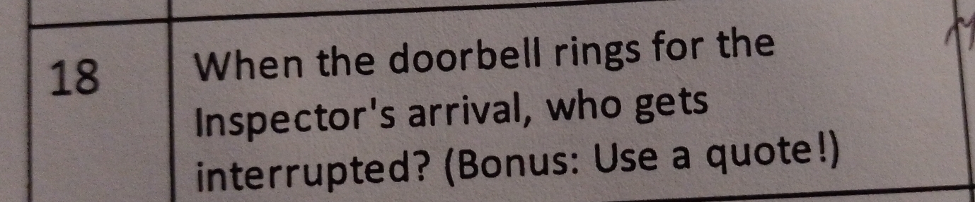 When the doorbell rings for the 
Inspector's arrival, who gets 
interrupted? (Bonus: Use a quote!)