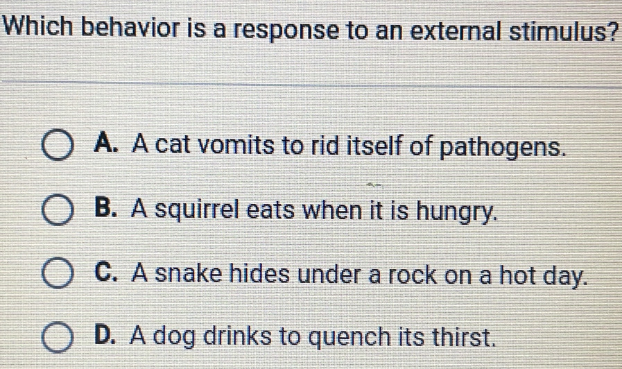 Solved: Which behavior is a response to an external stimulus? A. A cat ...