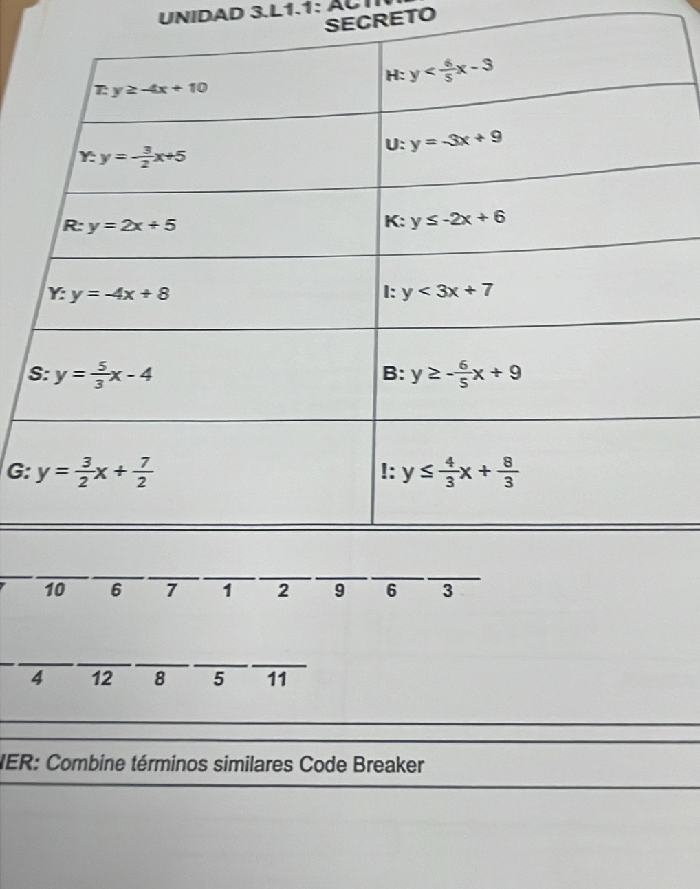 UNIDAD 3.L1.1: ÄCI
SECRETO
G:
10 6 7 1 2 9 6 3
_
__
__
4 12 8 5 11
NER: Combine términos similares Code Breaker