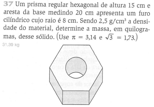 Um prisma regular hexagonal de altura 15 cm e 
aresta da base medindo 20 cm apresenta um furo 
cilíndrico cujo raio é 8 cm. Sendo 2,5g/cm^3 a densi- 
dade do material, determine a massa, em quilogra- 
mas, desse sólido. (Use π =3,14 e sqrt(3)=1,73.)
31,39 kg