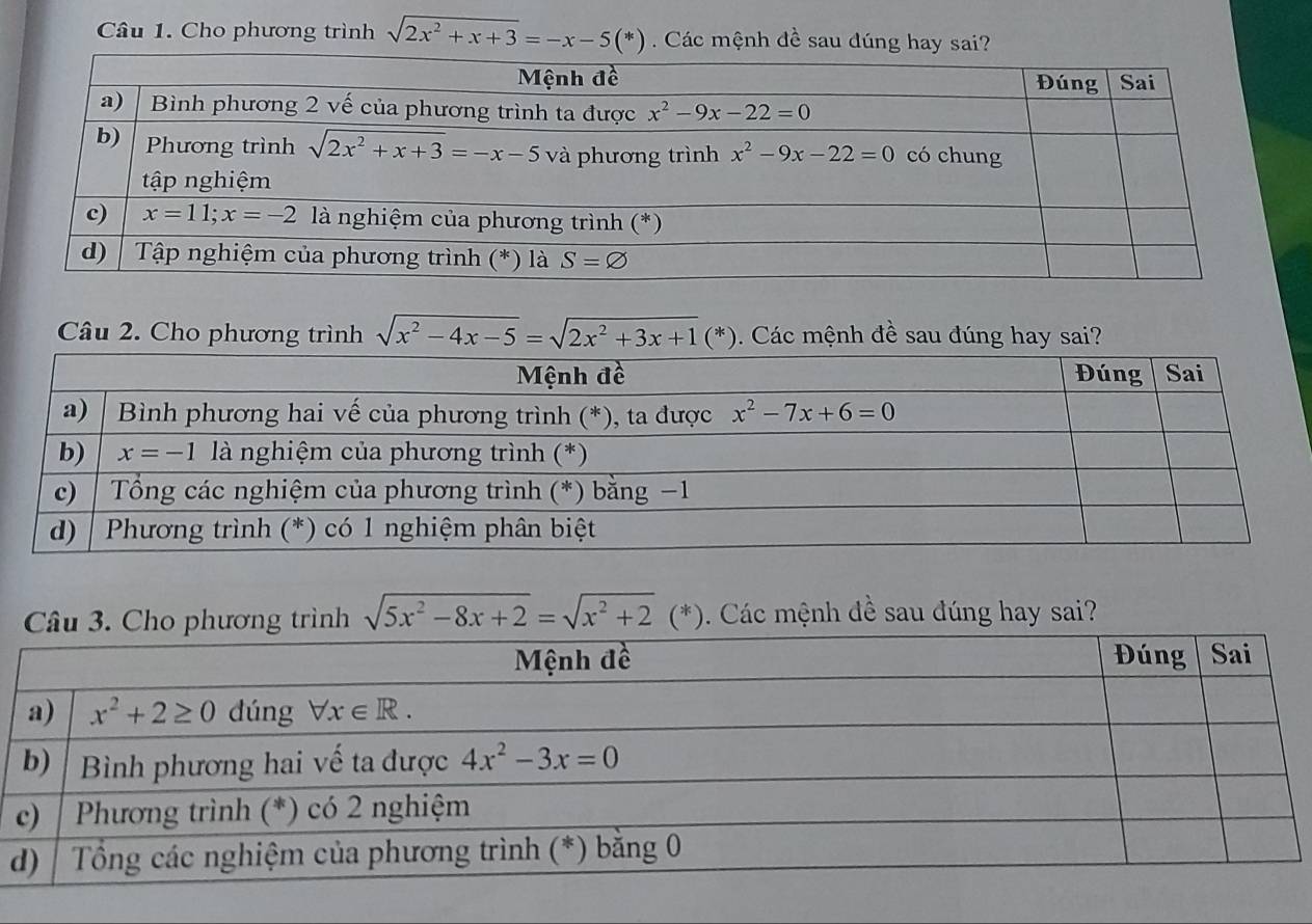 Cho phương trình sqrt(2x^2+x+3)=-x-5(*). Các mệnh đề sau đúng hay sai?
Câu 2. Cho phương trình sqrt(x^2-4x-5)=sqrt(2x^2+3x+1)(*) Các mệnh đề sau đúng hay sai?
Câu 3. Cho phương trình sqrt(5x^2-8x+2)=sqrt(x^2+2)(*) 0. Các mệnh đề sau đúng hay sai?