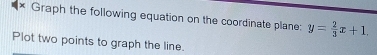 × Graph the following equation on the coordinate plane: y= 2/3 x+1. 
Plot two points to graph the line.