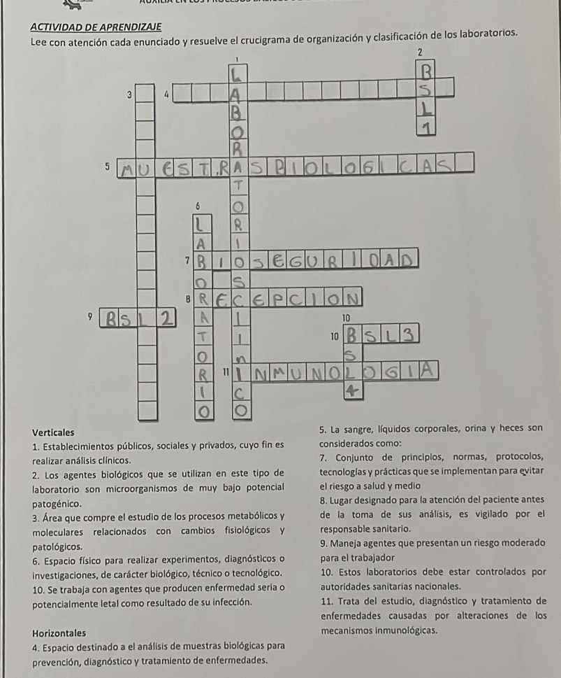 ACTIVIDAD DE APRENDIZAJE 
Lee con atención cada enunciado y resuelve el crucigrama de organización y clasificación de los laboratorios. 
Vertical heces son 
1. Establecimientos públicos, sociales y privados, cuyo fin es considerados como: 
realizar análisis clínicos. 7. Conjunto de principios, normas, protocolos, 
2. Los agentes biológicos que se utilizan en este tipo de tecnologías y prácticas que se implementan para evitar 
laboratorio son microorganismos de muy bajo potencial el riesgo a salud y medio 
patogénico. 8. Lugar designado para la atención del paciente antes 
3. Área que compre el estudio de los procesos metabólicos y de la toma de sus análisis, es vigilado por el 
moleculares relacionados con cambios fisiológicos y responsable sanitario. 
patológicos. 9. Maneja agentes que presentan un riesgo moderado 
6. Espacio físico para realizar experimentos, diagnósticos o para el trabajador 
investigaciones, de carácter biológico, técnico o tecnológico. 10. Estos laboratorios debe estar controlados por 
10. Se trabaja con agentes que producen enfermedad seria o autoridades sanitarias nacionales. 
potencialmente letal como resultado de su infección. 11. Trata del estudio, diagnóstico y tratamiento de 
enfermedades causadas por alteraciones de los 
Horizontales mecanismos inmunológicas. 
4. Espacio destinado a el análisis de muestras biológicas para 
prevención, diagnóstico y tratamiento de enfermedades.