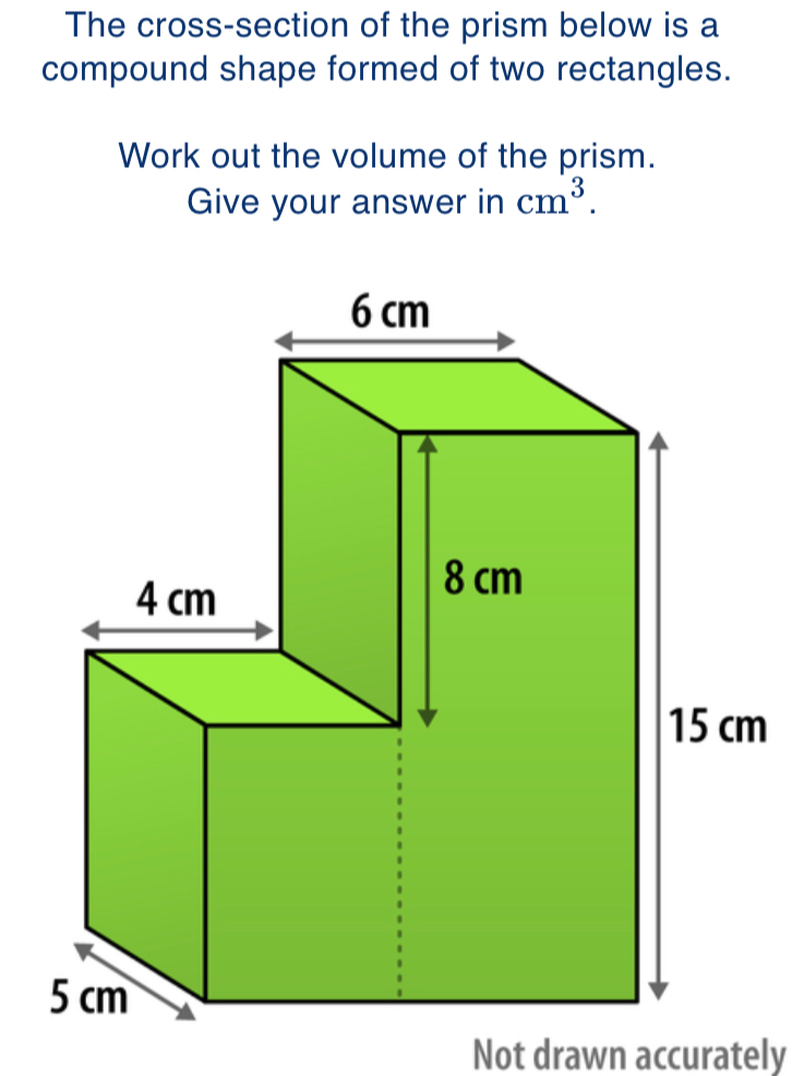 The cross-section of the prism below is a 
compound shape formed of two rectangles. 
Work out the volume of the prism. 
Give your answer in cm^3. 
Not drawn accurately