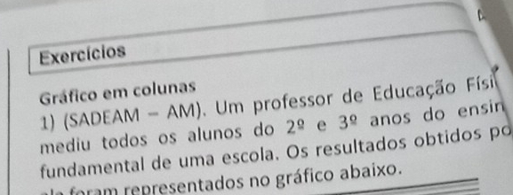 Exercícios 
Gráfico em colunas 
1) (SADEAM - AM). Um professor de Educação Físi 
mediu todos os alunos do 2^(_ circ) e 3^(_ circ) anos do ensin 
fundamental de uma escola. Os resultados obtidos po 
a foram representados no gráfico abaixo.