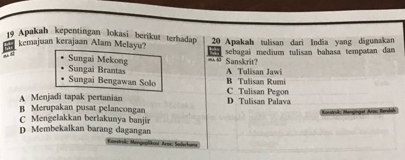 Apakah kepentingan lokasi berikut terhadap 20 Apakah tulisan dari India yang digunakan
kemajuan kerajaan Alam Melayu?
ms 62
sebagai medium tulisan bahasa tempatan dan
Sungai Mekong ms. 63 Sanskrit?
Sungai Brantas A Tulisan Jawi
Sungai Bengawan Solo B Tulisan Rumi
C Tulisan Pegon
A Menjadi tapak pertanian D Tulisan Palava
B Merupakan pusat pelancongan
Konstruk; Mengingat Aras: Rendah
C Mengelakkan berlakunya banjir
D Membekalkan barang dagangan
Konstruk: Mengaplikasi Aras: Sederhana