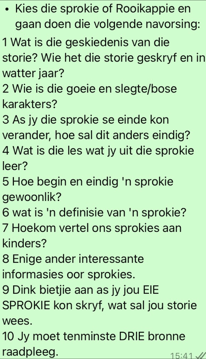 Solved: Kies die sprokie of Rooikappie en gaan doen die volgende ...