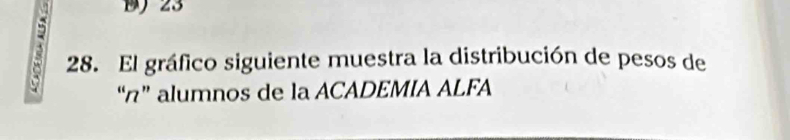 23
3 28. El gráfico siguiente muestra la distribución de pesos de 
“n” alumnos de la ACADEMIA ALFA