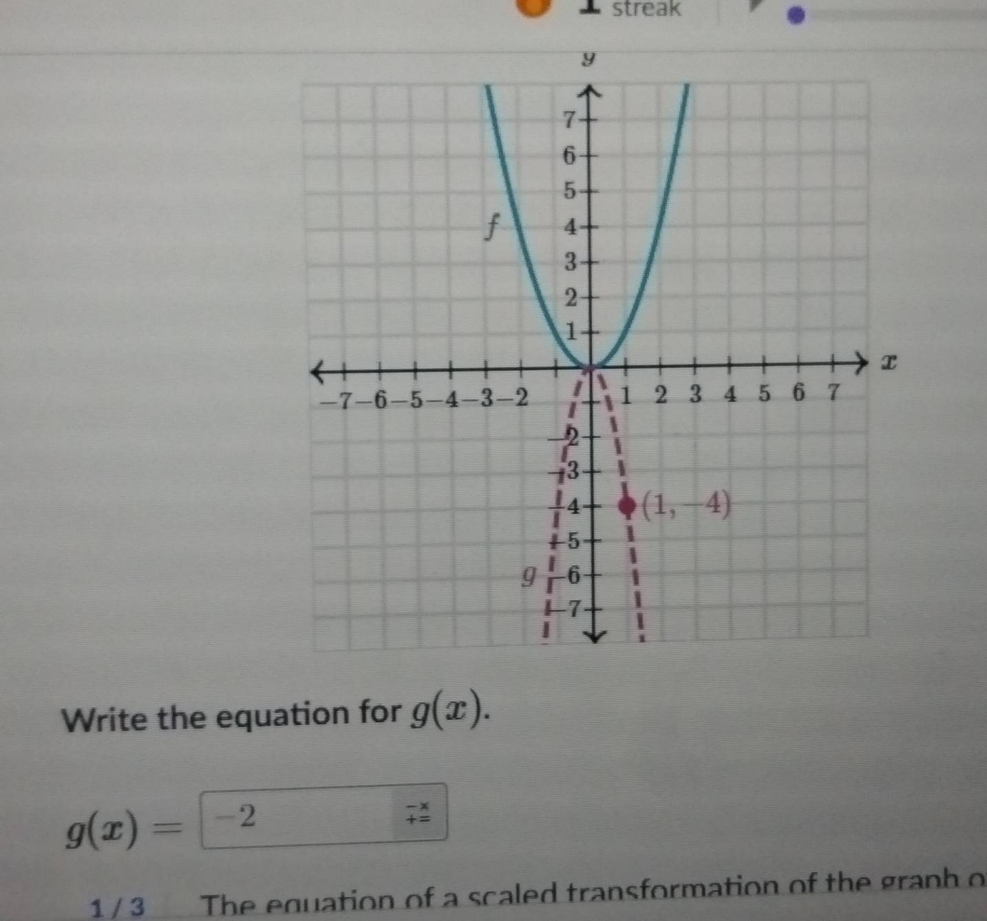 streak
Write the equation for g(x).
g(x)=
beginarrayr -x +=endarray
1 / 3 The equation of a scaled transformation of the graph o