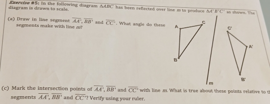 Exercise #5: In the following diagram △ ABC
diagram is drawn to scale. has been reflected over line m to produce △ A'B'C' as shown. The
(a) Draw in line segment overline AA',overline BB' and overline CC'. What angle do these 
segments make with line m?
m
(c) Mark the intersection points of overline AA',overline BB' and overline CC' with line m. What is true about these points relative to t
segments overline AA',overline BB' and overline CC' ? Verify using your ruler.