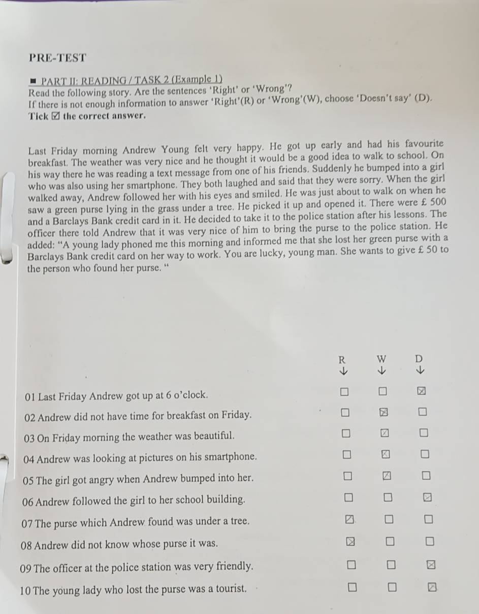 Gelöst:PRE-TEST PART II: READING / TASK 2 (Example 1) Read the ...