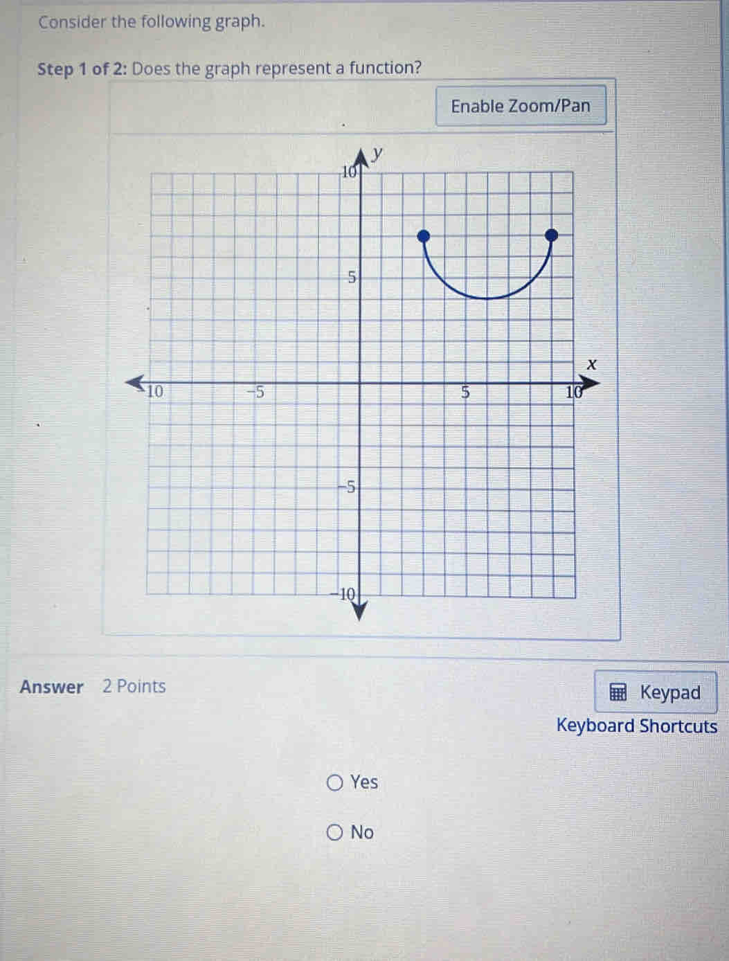 Consider the following graph.
Step 1 of 2: Does the graph represent a function?
Enable Zoom/Pan
Answer 2 Points
Keypad
Keyboard Shortcuts
Yes
No