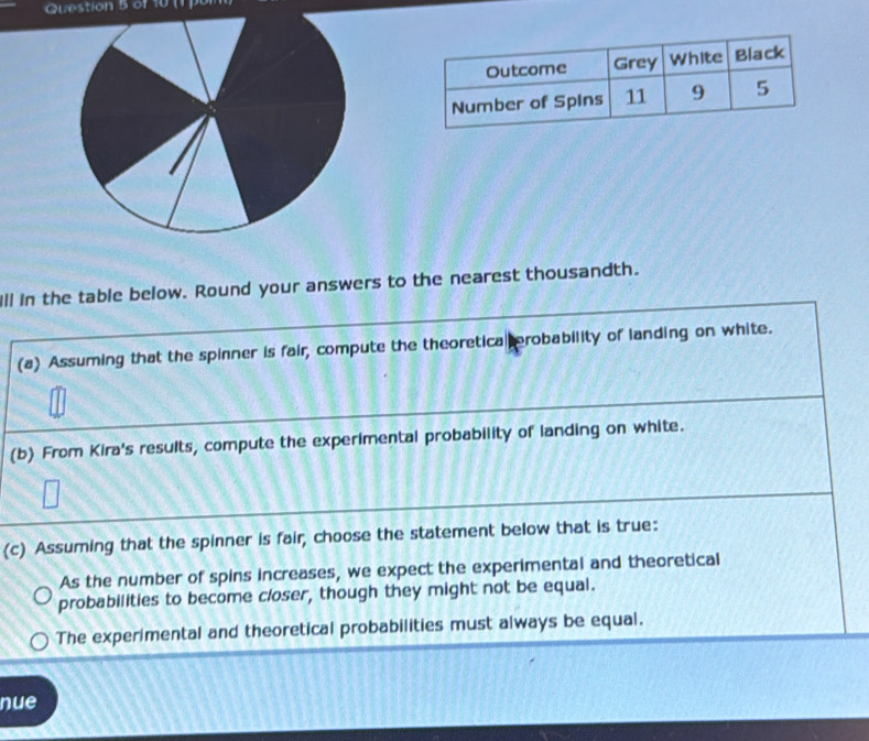 (1) 
lll in the table below. Round your answers to the nearest thousandth. 
(a) Assuming that the spinner is fair, compute the theoretica erobability of landing on white. 
(b) From Kira's results, compute the experimental probability of landing on white. 
(c) Assuming that the spinner is fair, choose the statement below that is true: 
As the number of spins increases, we expect the experimental and theoretical 
probabilities to become closer, though they might not be equal. 
The experimental and theoretical probabilities must always be equal. 
nue
