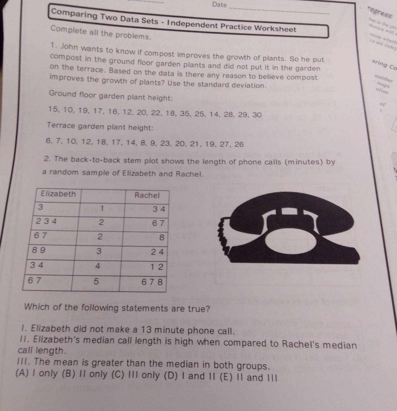 Date
_
rogress
Comparing Two Data Sets - Independent Practice Worksheet
hat is the pr Monica will 
Complete all the problems.
mine wheth ca are inder
1. John wants to know if compost improves the growth of plants. So he put
compost in the ground floor garden plants and did not put it in the garden
aring Co
on the terrace. Based on the data is there any reason to believe compost
number
improves the growth of plants? Use the standard deviation.
maps
efore
Ground floor garden plant height:
of
15, 10, 19, 17, 16, 12, 20, 22, 18, 35, 25, 14, 28, 29, 30
Terrace garden plant height:
6, 7, 10, 12, 18, 17, 14, 8, 9, 23, 20, 21, 19, 27, 26
2. The back-to-back stem plot shows the length of phone calls (minutes) by
a random sample of Elizabeth and Rachel.
Which of the following statements are true?
I. Elizabeth did not make a 13 minute phone call.
II. Elizabeth's median call length is high when compared to Rachel's median
call length.
III. The mean is greater than the median in both groups.
(A) I only (B) II only (C) III only (D) I and II (E) II and III