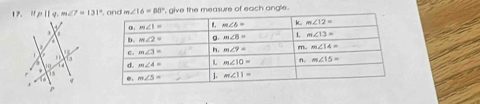 1 p||q,m∠ 7=131°, nd m∠ 16=88° , give the measure of each angle.