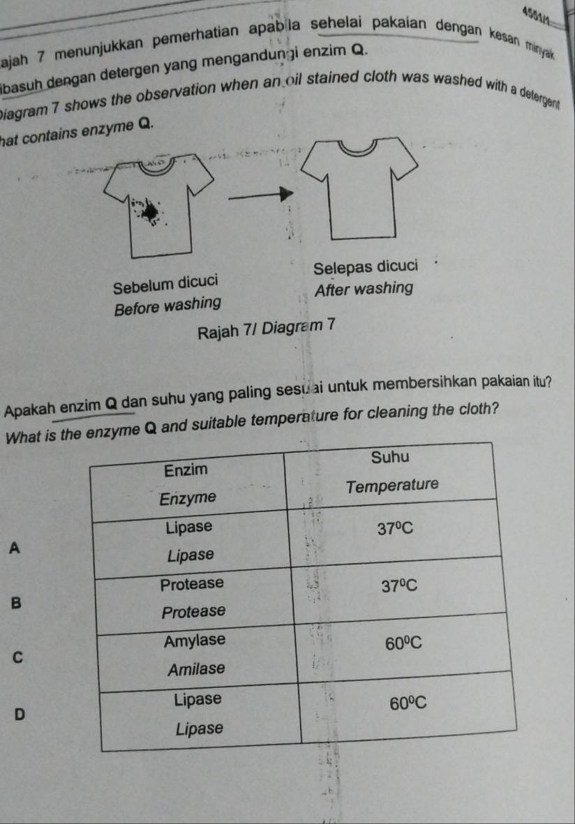 4551/4
ajah 7 menunjukkan pemerhatian apabla sehelai pakaian dengan kesan minyak 
ibasuh dengan detergen yang mengandungi enzim Q.
Diagram 7 shows the observation when an oil stained cloth was washed with a detergent
hat con
Apakah enzim Q dan suhu yang paling sesuai untuk membersihkan pakaian itu?
What is tQ and suitable temperature for cleaning the cloth?
A
B
C
D