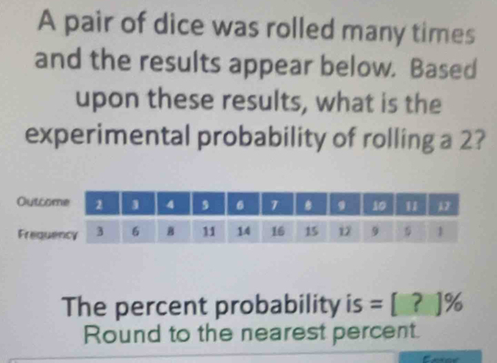 A pair of dice was rolled many times 
and the results appear below. Based 
upon these results, what is the 
experimental probability of rolling a 2? 
The percent probability is =[?]%
Round to the nearest percent.