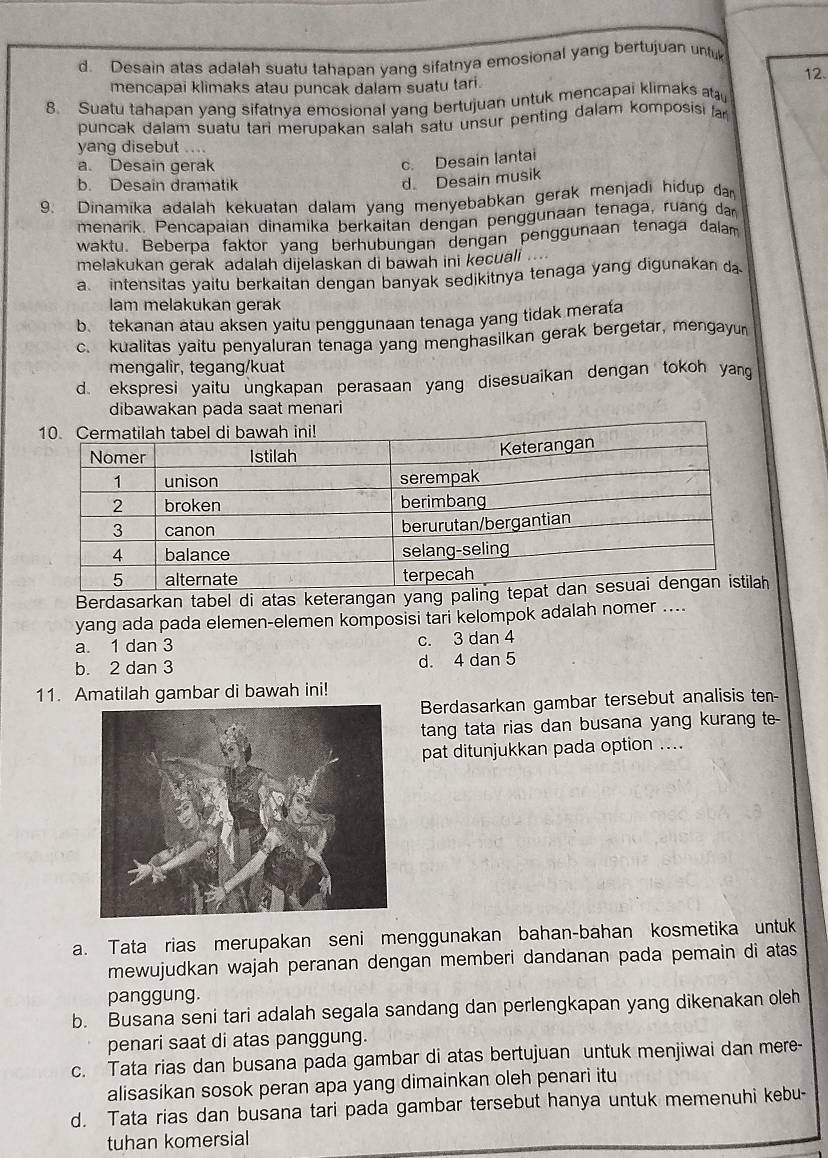 d. Desain atas adalah suatu tahapan yang sifatnya emosional yang bertujuan untu
12.
mencapai klimaks atau puncak dalam suatu tari.
8. Suatu tahapan yang sifatnya emosional yang bertujuan untuk mencapai klimaks at
puncak dalam suatu tari merupakan salah satu unsur penting dalam komposis ar
yang disebut ...
a. Desain gerak
c. Desain lantai
b. Desain dramatik
d Desain musik
9. Dinamika adalah kekuatan dalam yang menyebabkan gerak menjadi hidup da
menarik, Pencapaian dinamika berkaitan dengan penggunaan tenaga, ruang da
waktu. Beberpa faktor yang berhubungan dengan penggunaan tenaga dalam
melakukan gerak adalah dijelaskan di bawah ini kecuali
a intensitas yaitu berkaitan dengan banyak sedikitnya tenaga yang digunakan da
lam melakukan gerak
b tekanan atau aksen yaitu penggunaan tenaga yang tidak merata
c. kualitas yaitu penyaluran tenaga yang menghasilkan gerak bergetar, mengayu
mengalir, tegang/kuat
d. ekspresi yaitu ungkapan perasaan yang disesuaikan dengan tokoh yang
dibawakan pada saat menari
Berdasarkan tabel di atas keterangan yang pali
yang ada pada elemen-elemen komposisi tari kelompok adalah nomer ....
a. 1 dan 3 c. 3 dan 4
b. 2 dan 3 d. 4 dan 5
11. Amatilah gambar di bawah ini!
Berdasarkan gambar tersebut analisis ten-
tang tata rias dan busana yang kurang te-
pat ditunjukkan pada option ....
a. Tata rias merupakan seni menggunakan bahan-bahan kosmetika untuk
mewujudkan wajah peranan dengan memberi dandanan pada pemain di atas
panggung.
b. Busana seni tari adalah segala sandang dan perlengkapan yang dikenakan oleh
penari saat di atas panggung.
c. Tata rias dan busana pada gambar di atas bertujuan untuk menjiwai dan mere-
alisasikan sosok peran apa yang dimainkan oleh penari itu
d. Tata rias dan busana tari pada gambar tersebut hanya untuk memenuhi kebu-
tuhan komersial