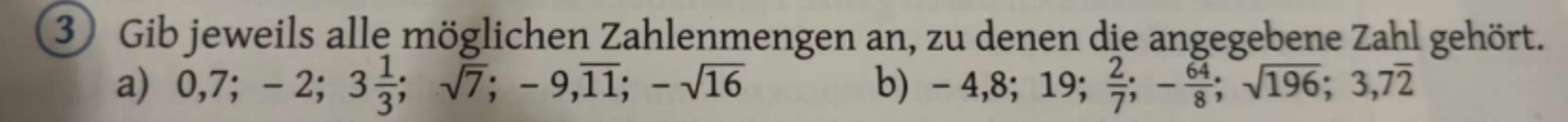 Gib jeweils alle möglichen Zahlenmengen an, zu denen die angegebene Zahl gehört. 
a) 0, 7; -2; 3 1/3 ; sqrt(7); -9, overline 11; -sqrt(16) b) -4, 8; 19;  2/7 ; - 64/8 ; sqrt(196); 3,7overline 2