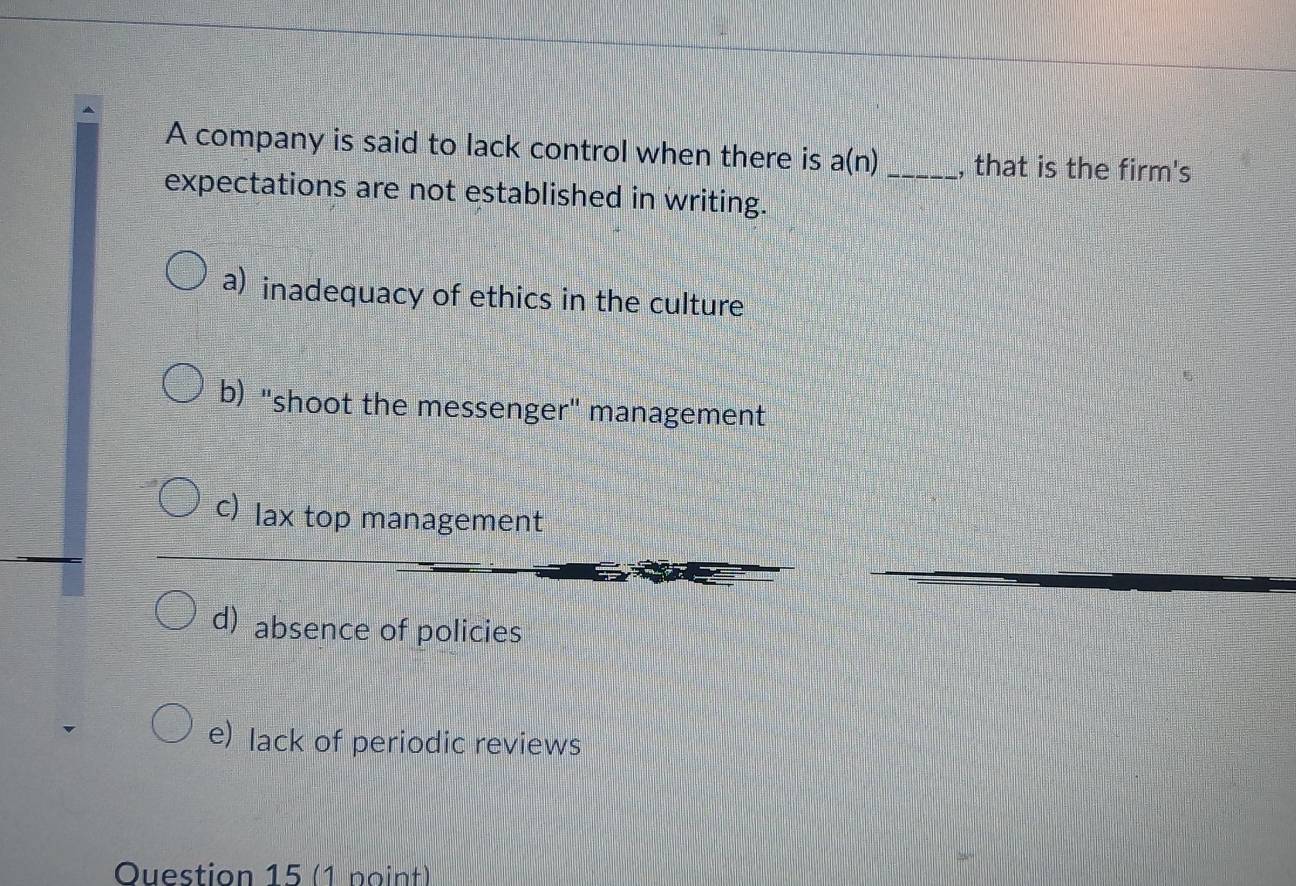 A company is said to lack control when there is a(n) _ , that is the firm's
expectations are not established in writing.
a) inadequacy of ethics in the culture
b) "shoot the messenger" management
c) lax top management
d) absence of policies
e) lack of periodic reviews
Question 15 (1 point)