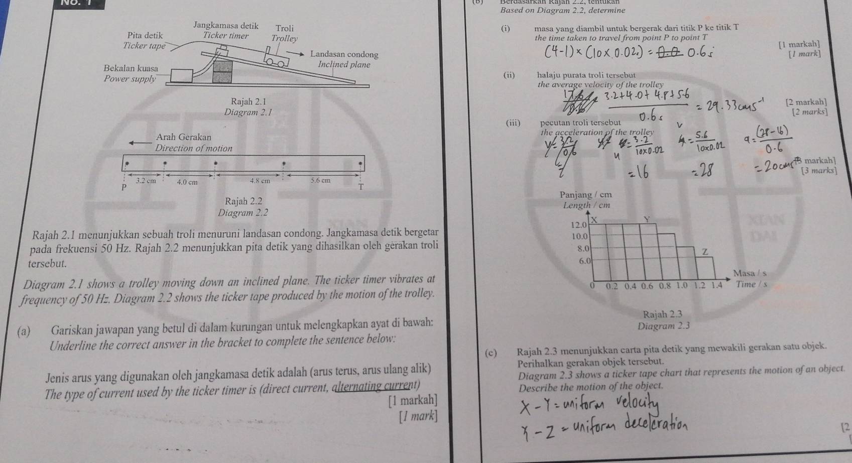 Based on Diagram 2.2, determine
Jangkamasa detik Troli (i) masa yang diambil untuk bergerak dari titik P ke titik T
Pita detik Ticker timer Trolley the time taken to travel from point P to point T
[l markah]
Ticker tape Landasan condong [1 mark]
Bekalan kuasa
Inclined plane
Power supply (ii) halaju purata troli tersebut
the average velocity of the trolley
Rajah 2.1 [2 markah]
Diagram 2.1 [2 marks]
(iii) pecutan troli tersebut
Arah Gerakan the acceleration of the trolley
Direction of motion
markah]
[3 marks]
P 3.2 cm 4.0 cm 4.8 cm 5.6 cm T
Panjang / cm
Rajah 2.2 Length / cm
Diagram 2.2
12.0 X Y
Rajah 2.1 menunjukkan sebuah troli menuruni landasan condong. Jangkamasa detik bergetar 10.0
pada frekuensi 50 Hz. Rajah 2.2 menunjukkan pita detik yang dihasilkan oleh gërakan troli
8.0 Z
tersebut. 6.0
Masa / s
Diagram 2.1 shows a trolley moving down an inclined plane. The ticker timer vibrates at 0.2
0
frequency of 50 Hz. Diagram 2.2 shows the ticker tape produced by the motion of the trolley. 0.4 0.6 0.8 1.0 1.2 1.4 Time / s
Rajah 2.3
(a) Gariskan jawapan yang betul di dalam kurungan untuk melengkapkan ayat di bawah:
Diagram 2.3
Underline the correct answer in the bracket to complete the sentence below:
(c) Rajah 2.3 menunjukkan carta pita detik yang mewakili gerakan satu objek.
Jenis arus yang digunakan oleh jangkamasa detik adalah (arus terus, arus ulang alik)
Perihalkan gerakan objek tersebut.
Diagram 2.3 shows a ticker tape chart that represents the motion of an object.
The type of current used by the ticker timer is (direct current, alternating current) Describe the motion of the object.
[1 markah]
[1 mark]
[2