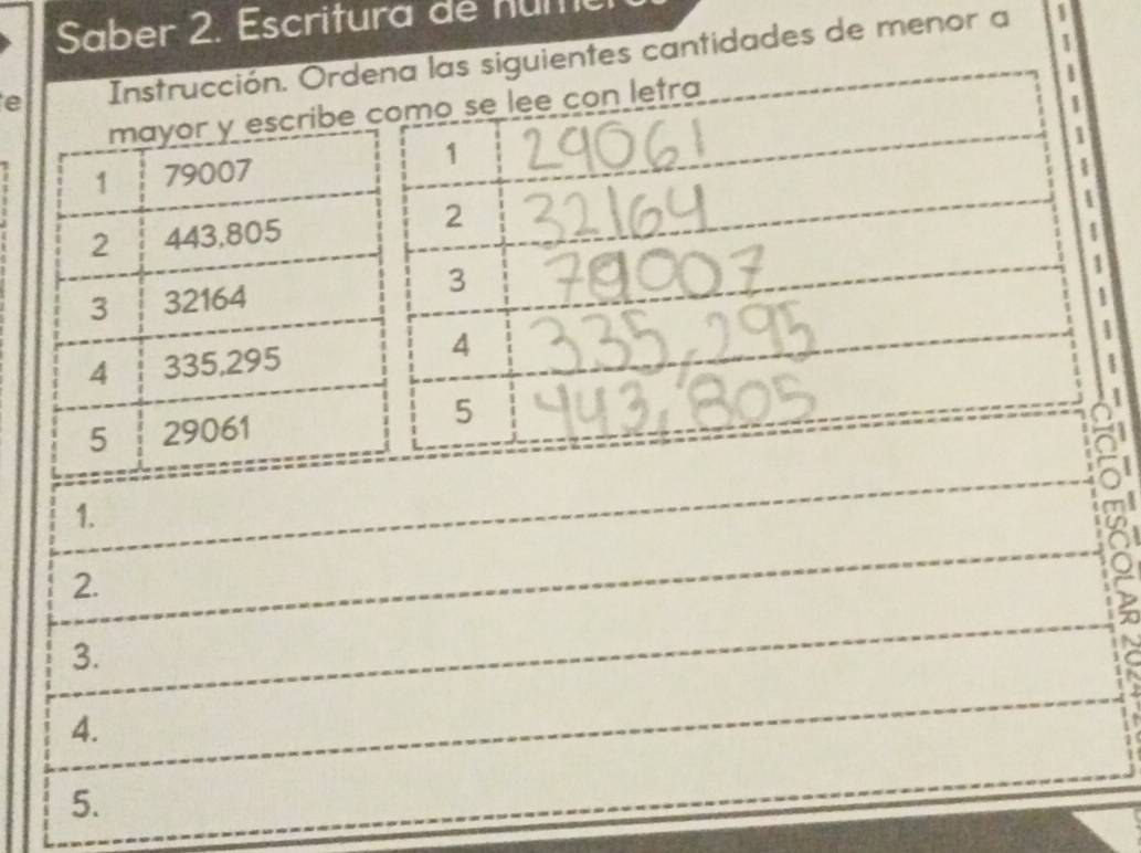 Saber 2. Escritura de num 
1 
es siguientes cantidades de menor a 
1 
1. 
2. 
3. 
4. 
5.