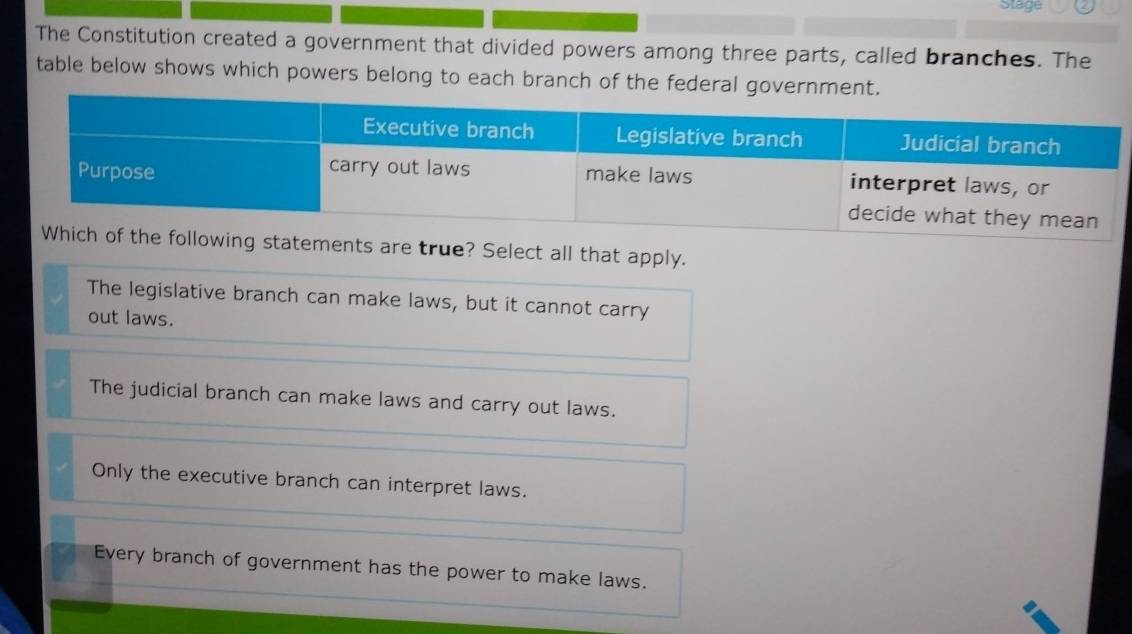 Stage
The Constitution created a government that divided powers among three parts, called branches. The
table below shows which powers belong to each branch of the federal government
ents are true? Select all that apply.
The legislative branch can make laws, but it cannot carry
out laws.
The judicial branch can make laws and carry out laws.
Only the executive branch can interpret laws.
Every branch of government has the power to make laws.