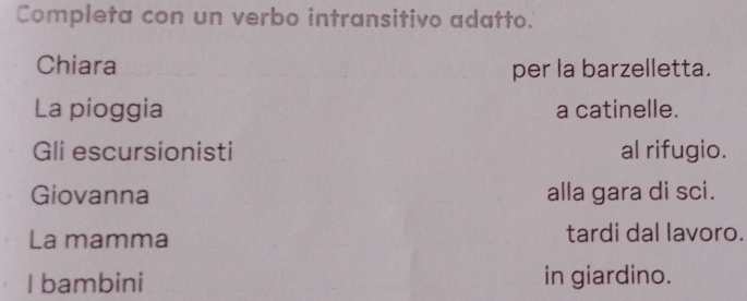 Completa con un verbo intransitivo adatto. 
Chiara per la barzelletta. 
La pioggia a catinelle. 
Gli escursionisti al rifugio. 
Giovanna alla gara di sci. 
La mamma tardi dal lavoro. 
I bambini in giardino.