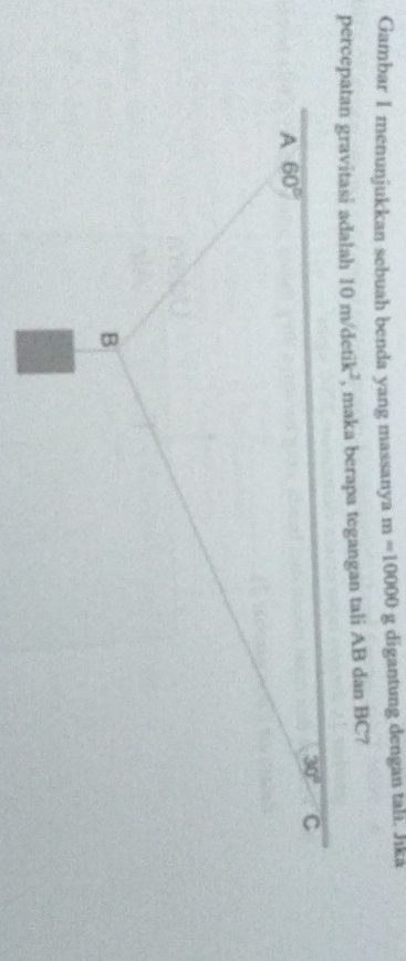 Gambar 1 menunjukkan sebuah benda yang massanya m=10000 g digantung dengan tali. Jika
, maka berapa tegangan tali AB dan BC?
