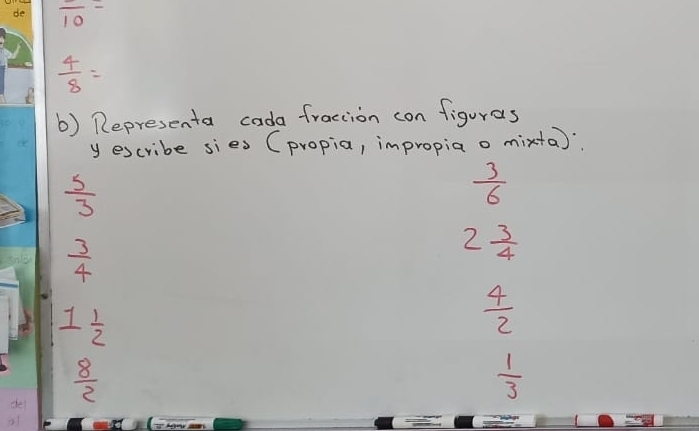 frac 10=
 4/8 =
b) Representa cada fraction con figuras 
y escribe sies (propia, impropia o mixta)
 5/3 
 3/6 
 3/4 
2 3/4 
1 1/2 
 4/2 
 8/2 
 1/3 