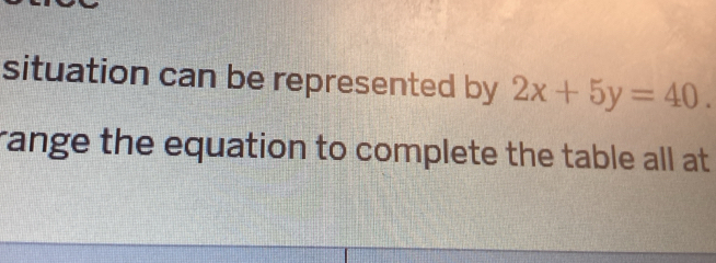situation can be represented by 2x+5y=40. 
range the equation to complete the table all at