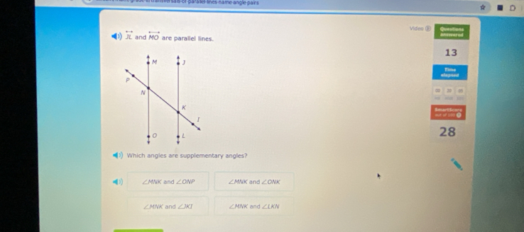 sais of parale lines name angle pairs
Video £ Questions
overleftrightarrow JL and overleftrightarrow MO are parallel lines. Bnswered
13
Time
/10
28
Which angles are supplementary angles?
(1 ∠ MNK and ∠ ONP ∠ MNK and ∠ ONK
∠ MNK and ∠ JKI ∠ MNK and ∠ LKN