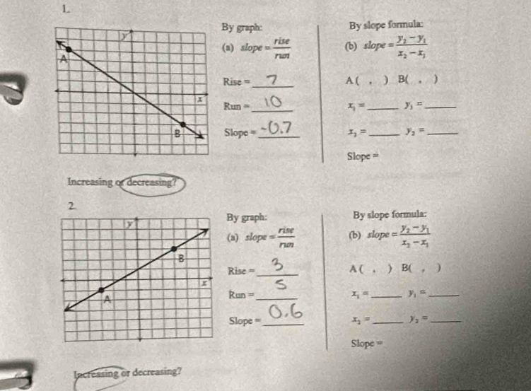 By graph: By slope formula: 
(a) slope = rise/rwn  (b) slope=frac y_2-y_1x_2-x_1
_ 
Rise = A ( ， ) B( . ) 
Run =_ x_1= _ y_3= _ 
Slope = _ x_1= _ y_2= _
Slope =
Increasing or decreasing? 
2 
By graph: By slope formula: 
(a) slope = rise/run 
op 
(b) slope =frac y_2-y_1x_2-x_1
Rise =_ A ( ) B( . 
Run = _ x_1= _ y_1= _ 
Slope ==_ x_2= _ y_2= _
Slope =
Incressing or decreasing?