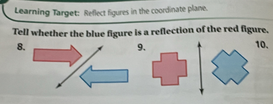 Learning Target: Reflect figures in the coordinate plane. 
Tell whether the blue figure is a reflection of the red figure. 
8 10. 
.