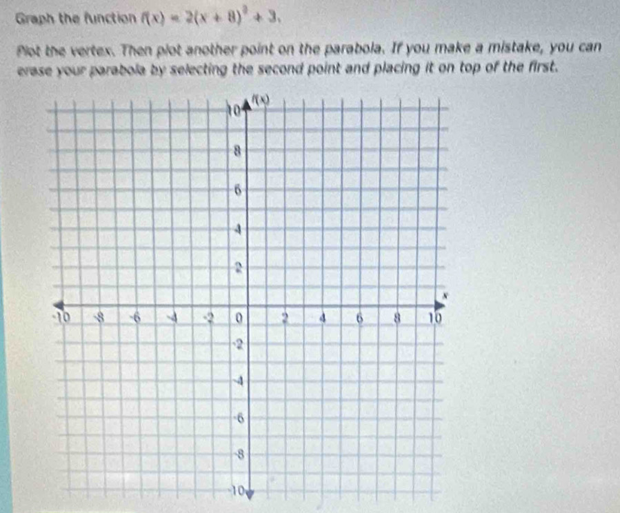 Graph the function f(x)=2(x+8)^2+3.
Plot the vertex. Then plot another point on the parabola. If you make a mistake, you can
erase your parabola by selecting the second point and placing it on top of the first.
-10