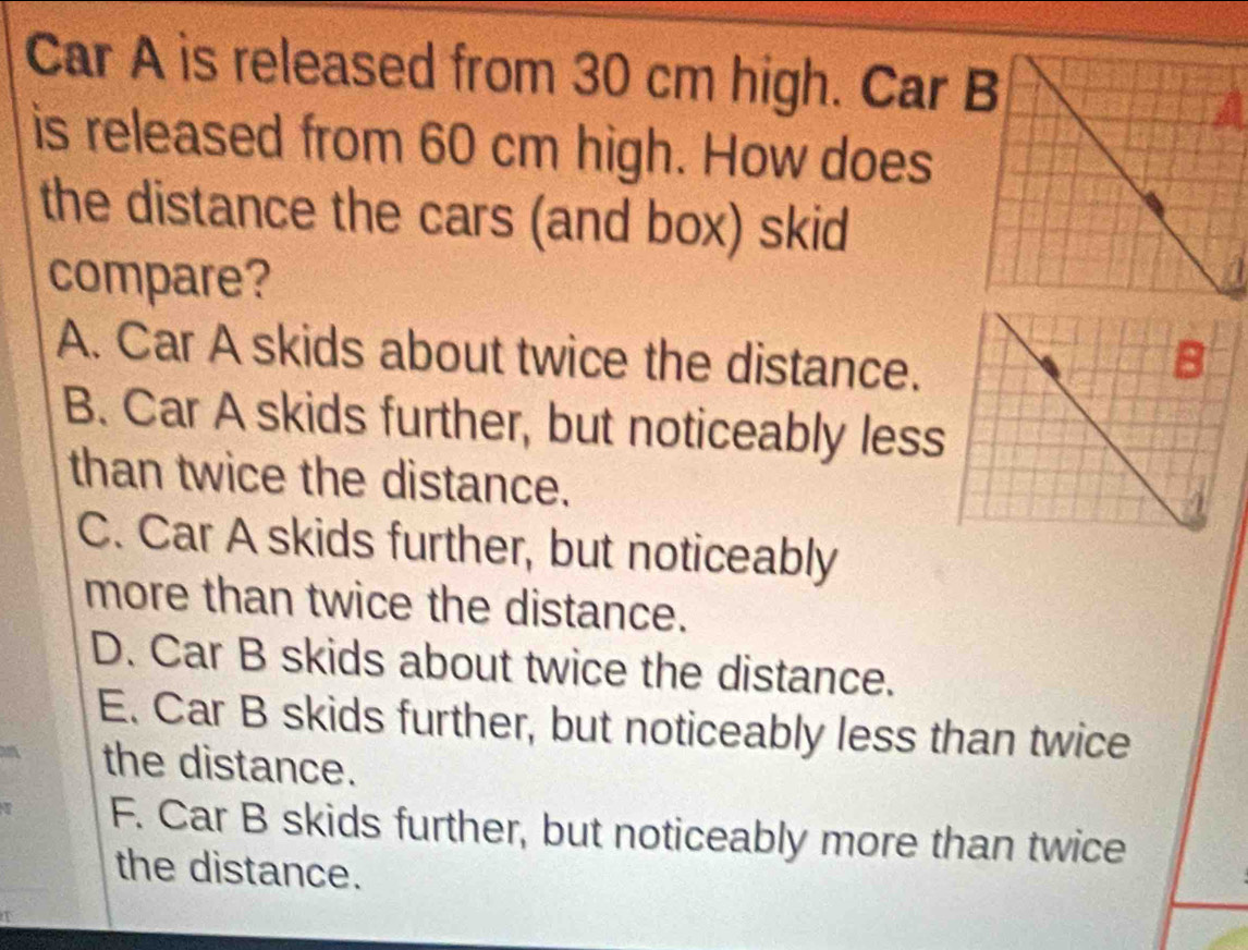 Car A is released from 30 cm high. Car B
is released from 60 cm high. How does
the distance the cars (and box) skid
compare?
A. Car A skids about twice the distance.
B. Car A skids further, but noticeably less
than twice the distance.
C. Car A skids further, but noticeably
more than twice the distance.
D. Car B skids about twice the distance.
E. Car B skids further, but noticeably less than twice
the distance.
I F. Car B skids further, but noticeably more than twice
the distance.