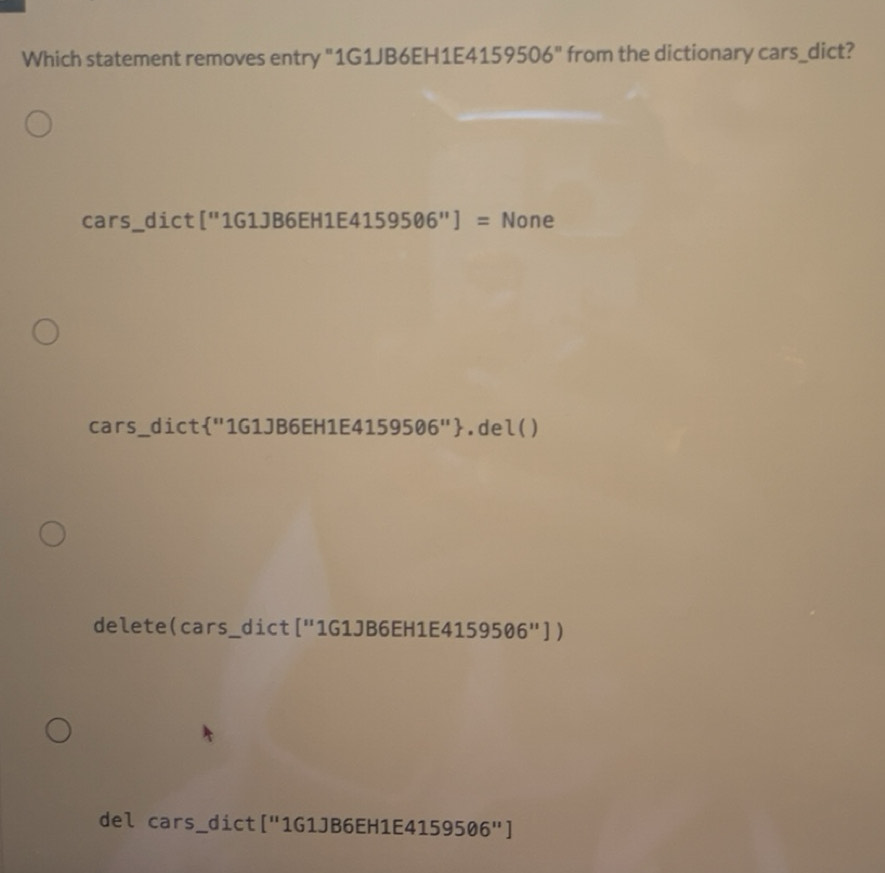 Solved: Which statement removes entry "1G1JB6EH1E 4159506° from the ...