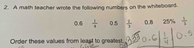 A math teacher wrote the following numbers on the whiteboard.
0.6  1/4  0.5  2/3  0.8 25%  1/3 
Order these values from least to greatest.