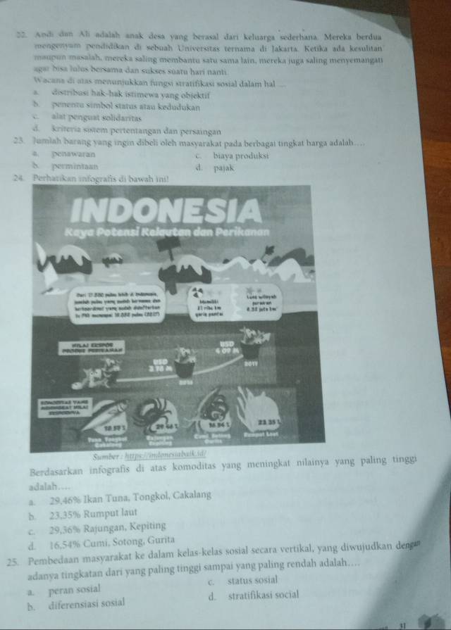 Andi dan Ali adalah anak desa yang berasal dari keluarga sederhana. Mereka berdua
mengenyum pendidikan di sebuah Universitas ternama di Jakarta. Ketika ada kesulitan
maupun masalah, mereka saling membantu satu sama lain, mereka juga saling menyemangati
agar bisa lulus bersama-dan sukses suatu hari nanti.
Wacana di atas menunjukkan fungsi stratifikasi sosial dalam hal ...
a. distribusi hak-hak istimewa yang objektif
b. penentu simbol status atau kedudukan
c. alat penguat solidaritas
d. kriteria sistem pertentangan dan persaingan
23. 7umlah barang yang ingin dibeli oleh masyarakat pada berbagai tingkat harga adalah…
a. penawaran c. biaya produksi
b. permintaan d. pajak
24. Perhatikan in
Berdasarkan infografis di atas komoditas yang meningkat nilainya yang paling tinggi
adalah....
a. 29,46% Ikan Tuna, Tongkol, Cakalang
b. 23,35% Rumput laut
c. 29,36% Rajungan, Kepiting
d. 16,54% Cumi, Sotong, Gurita
25. Pembedaan masyarakat ke dalam kelas-kelas sosial secara vertikal, yang diwujudkan deng
adanya tingkatan dari yang paling tinggi sampai yang paling rendah adalah….
a. peran sosial c. status sosial
b. diferensiasi sosial d. stratifikasi social
31