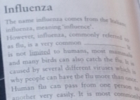 Influenza 
The name influenza comes from the ltais. 
influenza, meaning "influence". 
However, influenza, commonly referie 
as flu, is a very common_ 
l 
is not limited to humans, most mammals 
and many birds can also catch the flu I s 
caused by several different viruses whick n 
why people can have the flu more than once. 
Human flu can pass from one perion to 
another very easily. It is most commonh