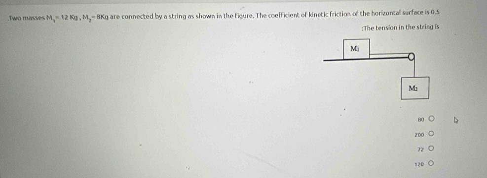 .Two masses M_1=12Kg, M_2=8Kg are connected by a string as shown in the figure. The coefficient of kinetic friction of the horizontal surface is 0.5
:The tension in the string is
80
200
72
120