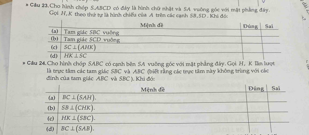 a
》 Câu 23.Cho hình chóp S.ABCD có đáy là hình chữ nhật và SA vuông góc với mặt phẳng đáy.
Gọi H,K theo thứ tự là hình chiếu của A trên các cạnh SB,SD . Khi đó:
» Câu 24.Cho hình chóp SABC có cạnh bên SA vuông góc với mặt phẳng đáy. Gọi H, K lần lượt
là trực tâm các tam giác SBC và ABC (biết rằng các trực tâm này không trùng với các
đỉnh của tam giác ABC và SBC ). Khi đó: