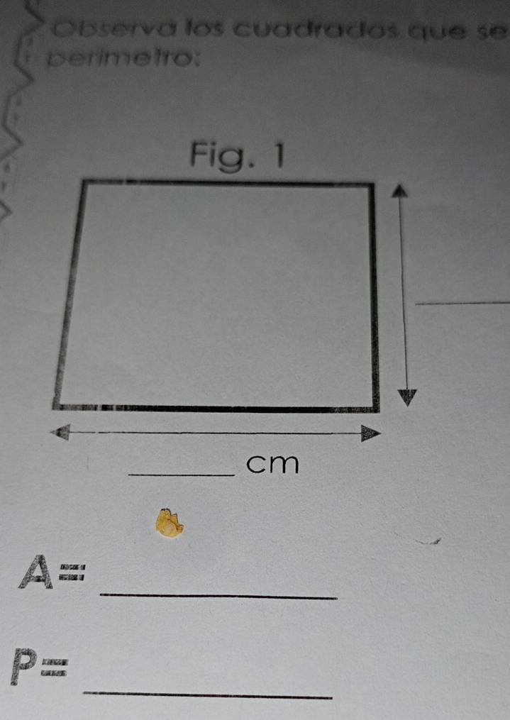 Observa los cuadrados que se 
perimetro: 
_ 
_ cm
_
A=
_
P=