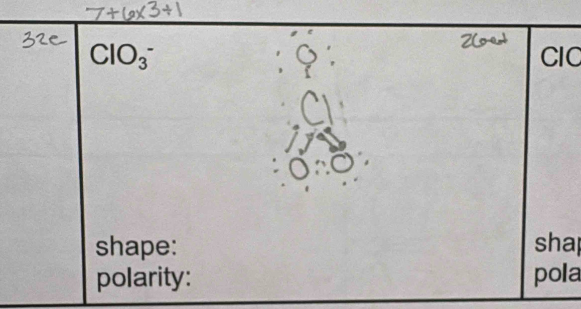 ClO_3^- CIC 

shape: sha 
polarity: pola