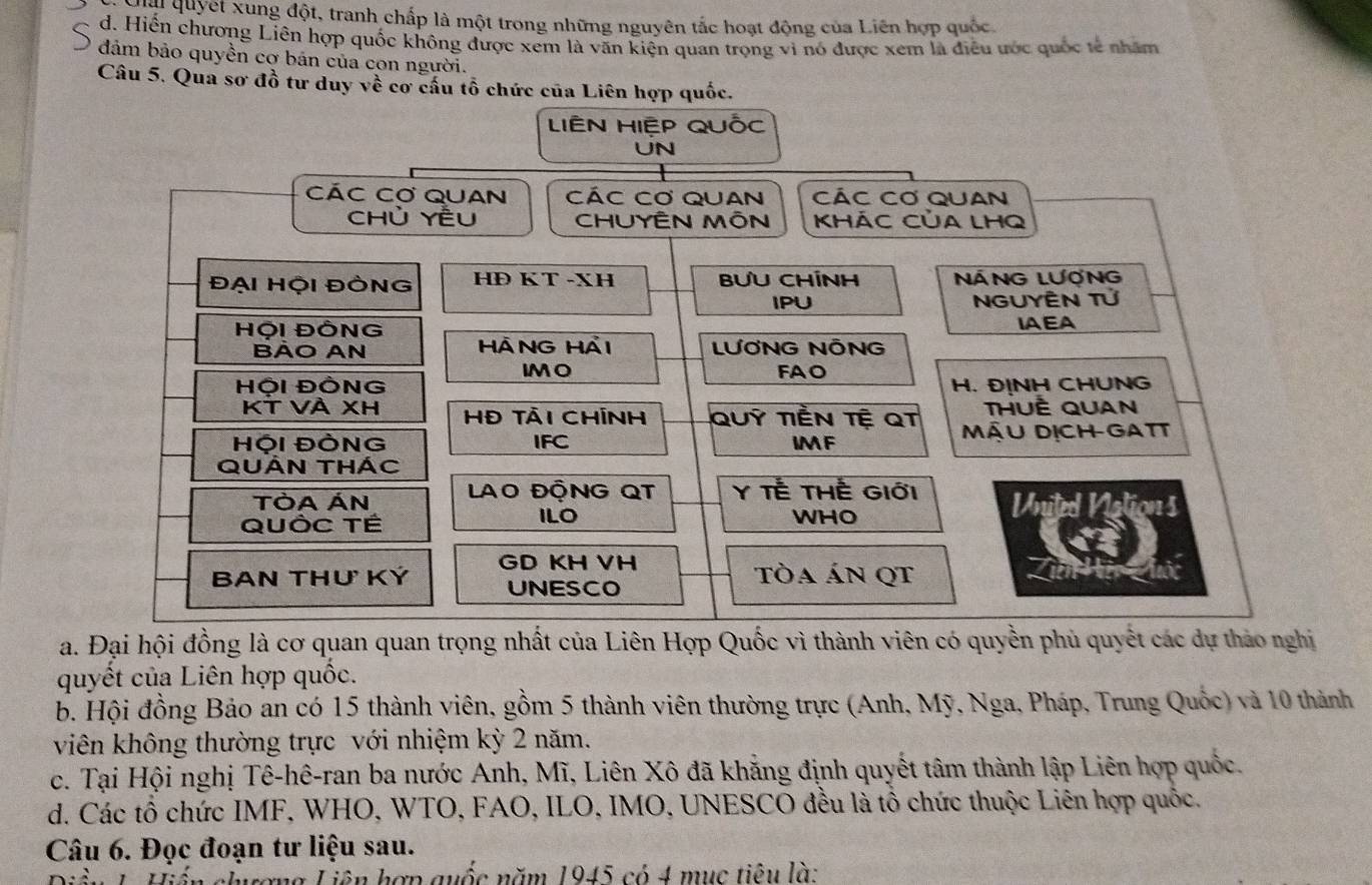 Hà quyết xung đột, tranh chấp là một trong những nguyên tắc hoạt động của Liên hợp quốc
d. Hiến chương Liên hợp quốc không được xem là văn kiện quan trọng vì nó được xem là điều ước quốc tế nhăm
đảm bảo quyền cợ bán của cọn người.
Câu 5. Qua sơ đồ tư duy về cơ cầu tổ chức của Liên hợp quốc.
LiÊN HIệP QUốc
UN
CáC Cơ QUAN CÁC Cơ QUAN CÁC Cơ QUAN
Chủ YềU CHUYÊN MÔN KHÁC CủA LHQ
ĐẠi HỘI ĐỒNG HD KT -XH BƯU CHÍNH NÁNG Lương
IPU NGUYÊN Tử
HỌI ĐỒNG IAEA
Bảo An HÁNG HảI LƯơNG NÔNG
IMO FAO
HộI ĐỒNG H. ĐINH CHƯNG
KT Và Xh HĐ Tải Chính QUỹ TIÊN TÊ QT ThuÊ Quan
HỘI ĐỒNG IFC IMF MậU DịCH GATT
QUÁN THÁc
Tòa Án LAO ĐỘNG QT Y TẾ tHẾ Giới United Vation s
QUốC TÉ ILO WHO
BAN THU KÝ GD KH VH
UNESCO
Tòa án Qt
a. Đại hội đồng là cơ quan quan trọng nhất của Liên Hợp Quốc vì thành viên có quyền phủ quyết các dự thảo nghị
quyết của Liên hợp quốc.
b. Hội đồng Bảo an có 15 thành viên, gồm 5 thành viên thường trực (Anh, Mỹ, Nga, Pháp, Trung Quốc) và 10 thành
viên không thường trực với nhiệm kỳ 2 năm.
c. Tại Hội nghị Tê-hê-ran ba nước Anh, Mĩ, Liên Xô đã khẳng định quyết tâm thành lập Liên hợp quốc.
d. Các tổ chức IMF, WHO, WTO, FAO, ILO, IMO, UNESCO đều là tổ chức thuộc Liên hợp quốc.
Câu 6. Đọc đoạn tư liệu sau.
*ương Liên hợp quốc năm 1945 có 4 mục tiêu là: