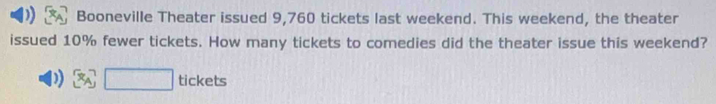 Booneville Theater issued 9,760 tickets last weekend. This weekend, the theater 
issued 10% fewer tickets. How many tickets to comedies did the theater issue this weekend? 
□ tickets