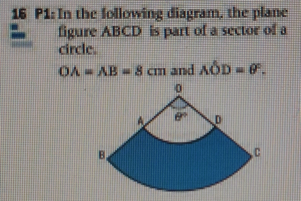 P1: In the following diagram, the plane 
figure ABCD is part of a sector of a 
circle.
OA=AB=8cm and Ahat OD=θ°.