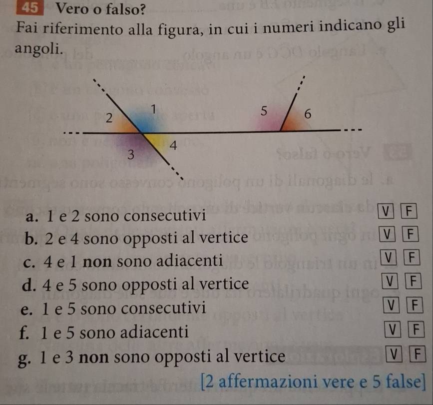 Vero o falso? 
Fai riferimento alla figura, in cui i numeri indicano gli 
angoli. 
a. 1 e 2 sono consecutivi 
V F
b. 2 e 4 sono opposti al vertice 
V F
c. 4 e 1 non sono adiacenti V F
d. 4 e 5 sono opposti al vertice 
V F
e. 1 e 5 sono consecutivi V F
f. 1 e 5 sono adiacenti V F
g. 1 e 3 non sono opposti al vertice 
V F 
[2 affermazioni vere e 5 false]