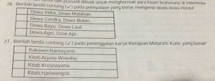 ur dan prasasti dibuat untuk menghormati para kaum brahmana di Indonesia 
26. Berilah tanda centanenar mengenai dewa-dewa Hindu! 
27. Berilah tanda centang (✓) pada peninggalan karya Kerajaan Mataram Kuno yang benar!