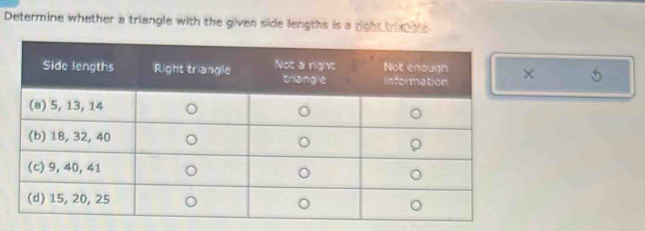 Determine whether a triangle with the given side lengths is a right trangle